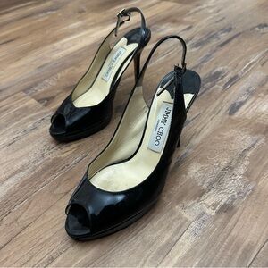Jimmy Choo Black Patent Nova Peep Toe Platform Slingback Sandals